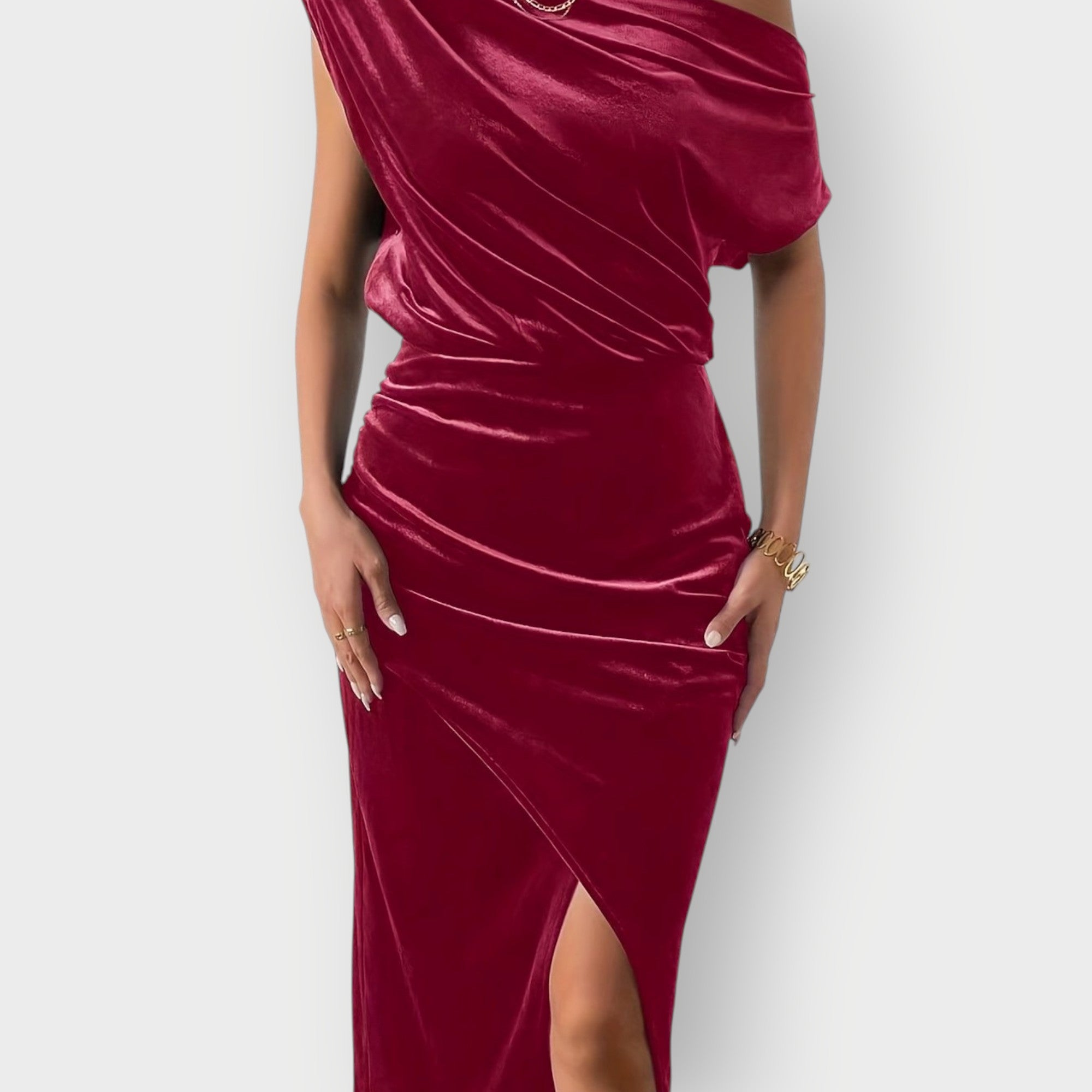 Grecia – Off-Shoulder Draped Velvet Midi Dress