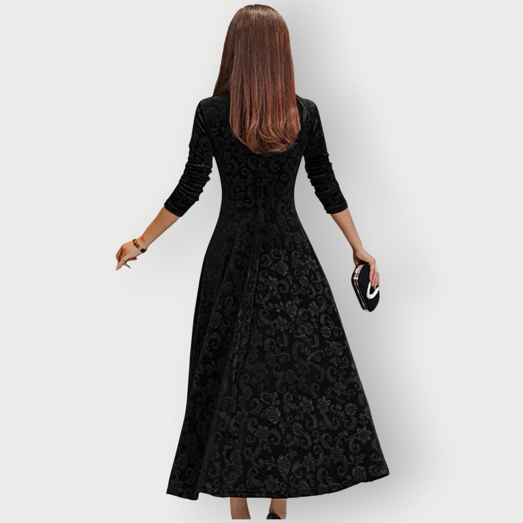 Alora - Vintage-Inspired Jacquard Velvet Midi Dress
