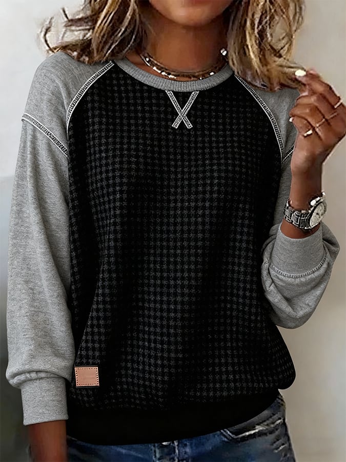 Caren® | Damen Freizeit Crew Neck Kontrast Waffel Sweatshirt