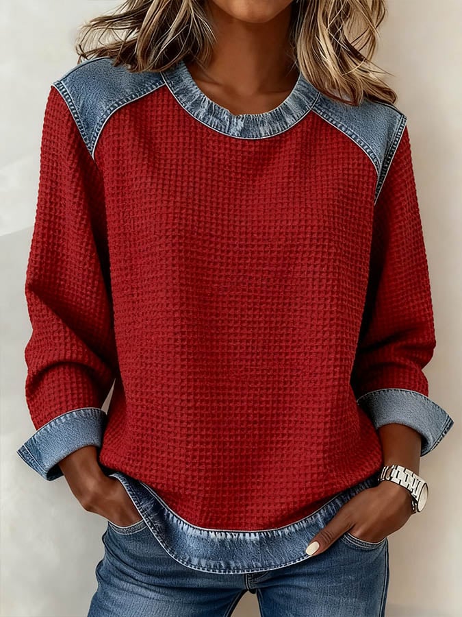 Isolde® | Damen Freizeit Rundhals Denim Waffelpullover Sweatshirt