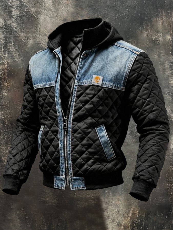 SCHWARZE STEPPJACKE MIT DENIMDETAILS