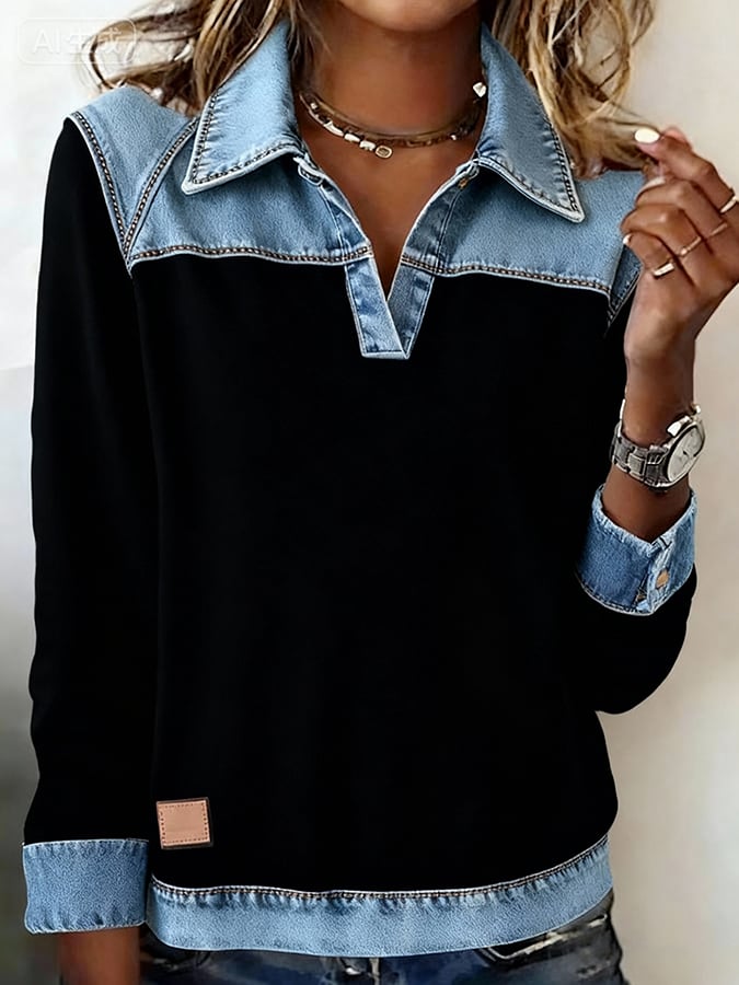 Kerstin® | Damen Freizeitkragen Denim Patchwork Pullover Sweatshirt