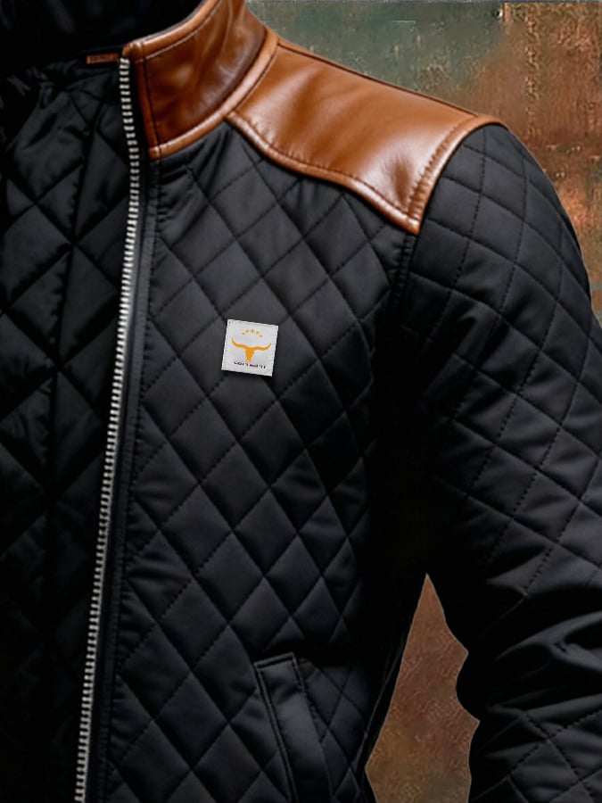 SCHWARZE STEPPJACKE MIT LEDER-SCHULTERN